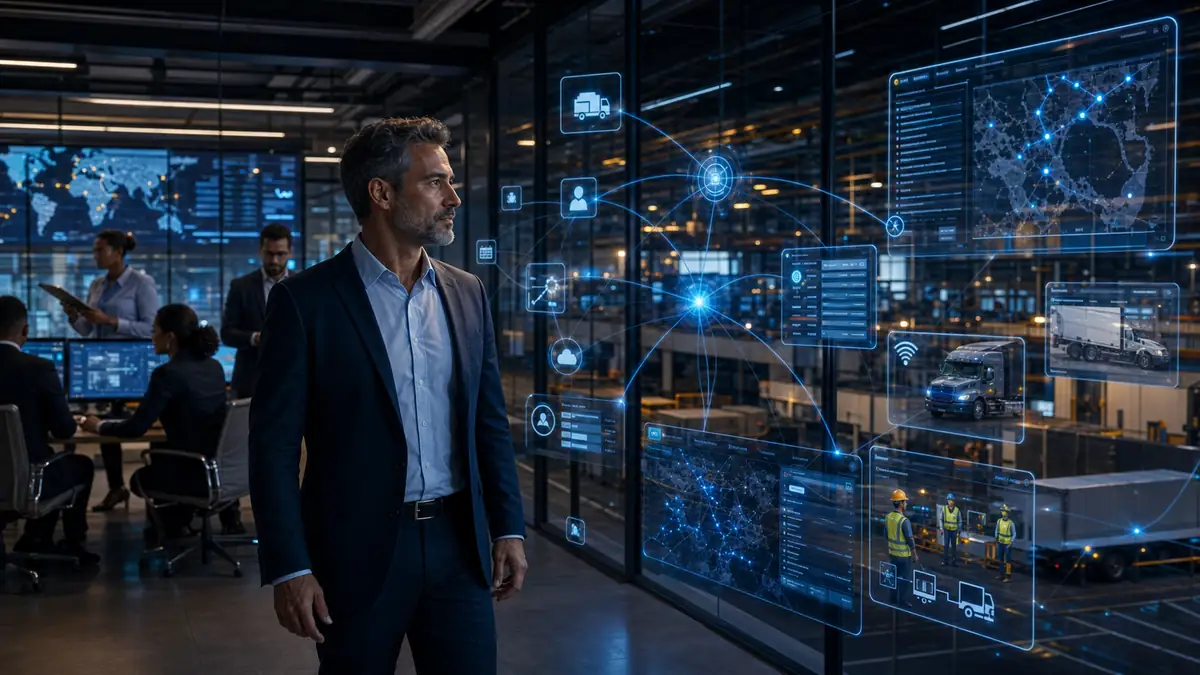 Operations transformation illustration with connected workflows and digital intelligence