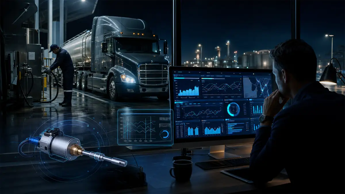 Fleet fueling scene with sensor overlay, telemetry charts, and a manager reviewing fuel trends