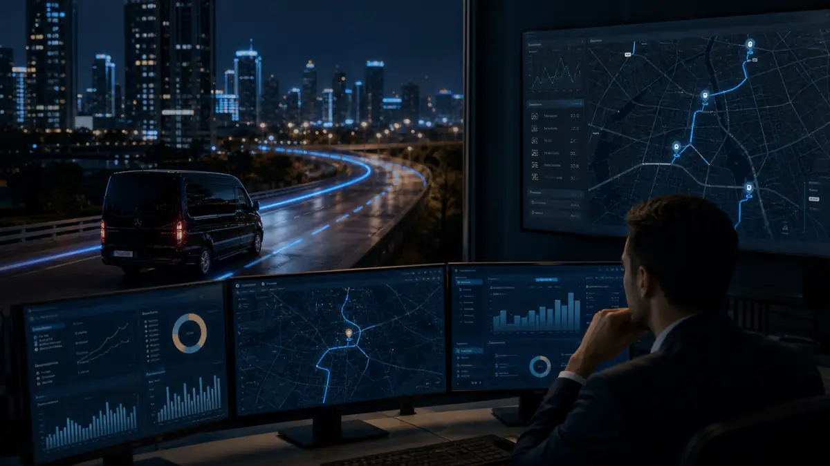 Fleet vehicle on a city route with fuel savings analytics and GPS cost control dashboards