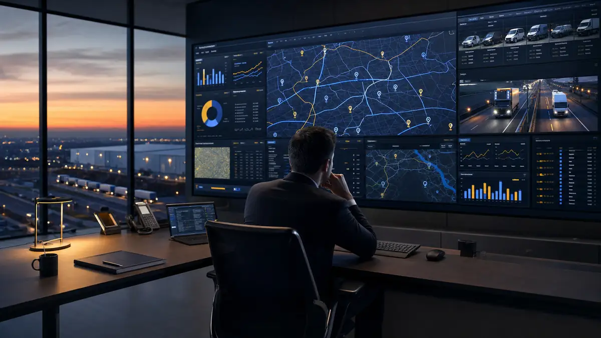Fleet operations command center with live GPS tracking, route maps, and performance analytics at dusk