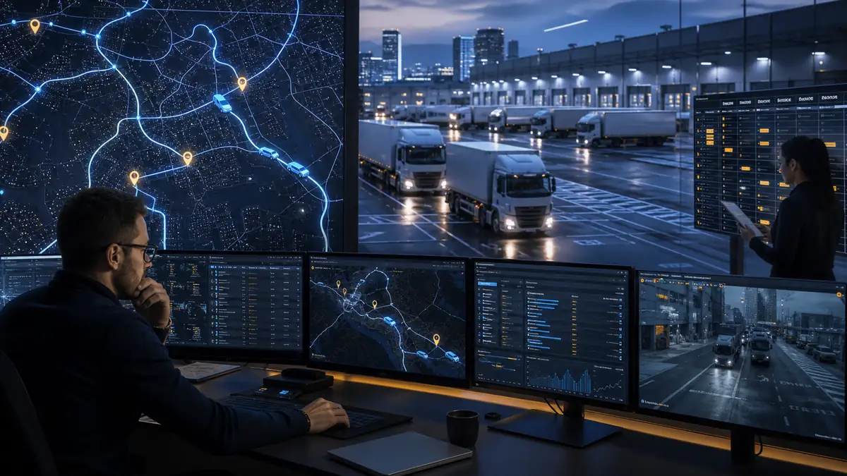 Logistics command center with fleet maps, warehouse coordination, and live truck movement at dusk