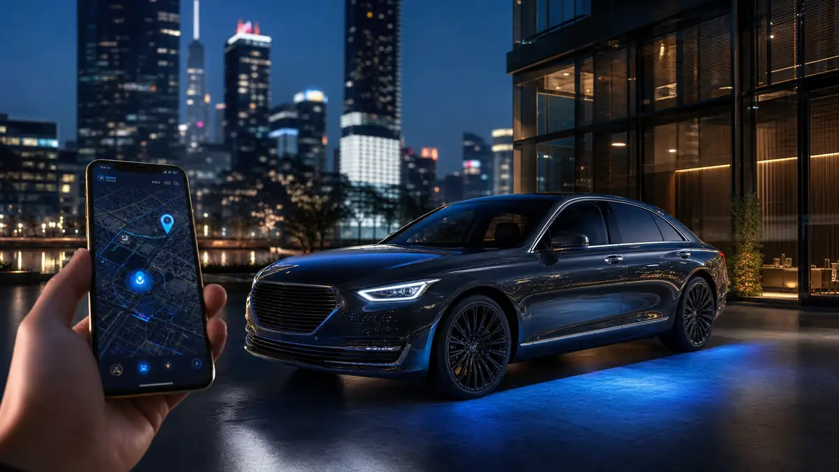 Private sedan with mobile GPS tracking interface in a modern city environment at night